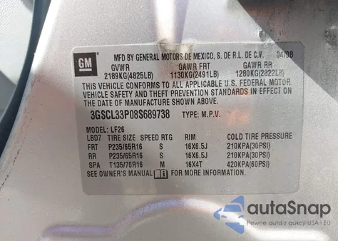 2008 Saturn Vue 4-Cyl Xe z USA, uszkodzony, nr VIN 3GSCL33P08S689738